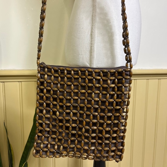 unbranded Handbags - Vintage Style Wood Beaded Purse Brown Shoulder Bag Mid Century Boho Indie Sleaze